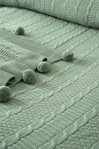 Çift Kişilik Ponponlu Triko Örme Battaniye Mint Yeşili