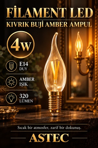 Astec E14 Kıvrık Buji Amber Ampul 4 Watt Amber Işık Dekoratif Filament Led