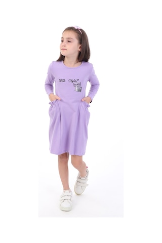 Toontoy Kids Kız Çocuk Baskılı Relax Fit Bisiklet Yaka Uzun Kollu Cepli Elbise - Lila