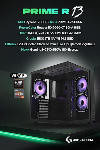 Game Garaj PRIME-R13 R5-7500F 8 GB RX9060XT 16 GB 1 TB SSD Free Dos Oem Paket Masaüstü Oyuncu Bilgisayarı