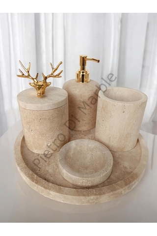 Sarı Traverten Klasik Model 5 Parça Gold Renk Geyik Aksesuarlı Banyo Seti Sarı Traverten