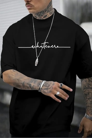 Erkek Whatever Baskılı Oversize Tshirt Siyah