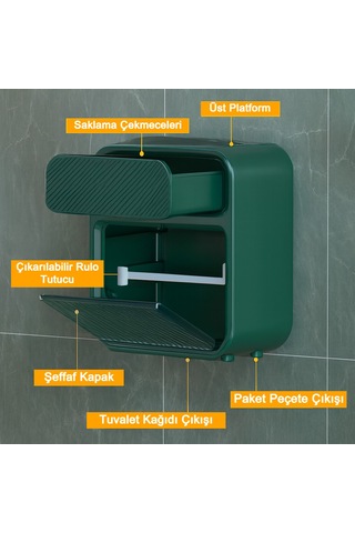Tuvalet Kağıtlığı Yapışkanlı Duvar Tipi Tuvalet Kağıtlığı Çok Fonksiyonlu Tuvalet Kağıdı Komidini Zümrüt Yeşili