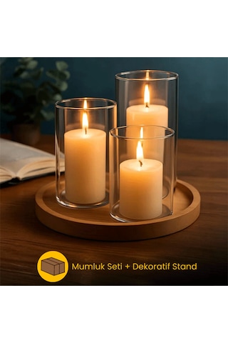 Dekoratif 4'lü Set, Bambu Sunumluk Ve 3'lü Mumluk Seti, Isıya Dayanıklı Borosilikat Cam Mumluklar Ahşap