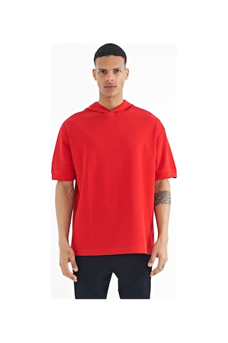 Tommylife Tommy Life Kırmızı Kapüşonlu Kol Etiket Detaylı Oversize Erkek T-shirt - 88179 Kirmizi