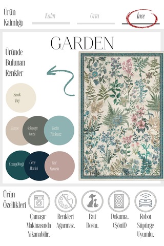 Garden 813 Bej Botanik Çiçekli Halı Yıkanabilir İnce Dokuma Taban Salon Oturma Odası Halısı Yeşil Bej D
