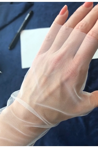 Transparan Kırık Beyaz Likralı Tül Gelin Kolluğu Parmaksız Gelin
