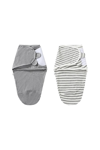 Maiyame Yeni Doğan Bebek Battaniyesi 2'li Paket - Pamuklu Sarılma Bezi Uyku Çantası - Gri Çizgili + Gri S Bedeni 0-3 Ay Gri
