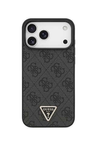 Apple iPhone Uyumlu 18 Pro Max Kılıf Guess Lisanslı Pu Deri Taşlı Üçgen Logo 4g Desenli Strass Kapak Siyah