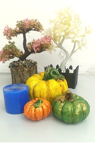 Artepieza Kabak Figürlü Dekor Seti Doğal Masa Süsleri-kabak & Mum Seti-biblo Dekoratif Set B. Boy Sarı 10 cm