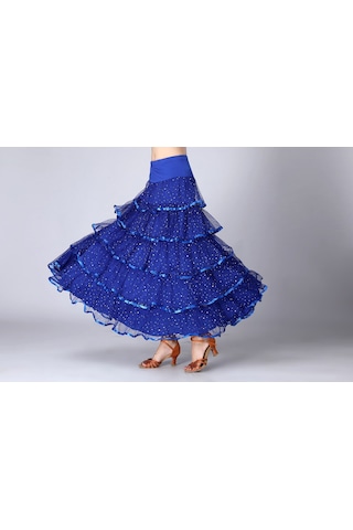 Sones Pullu Salıncak Modern Dans Uzun Etek Yarışma Kostümü Kraliyet Mavisi Saks Mavi
