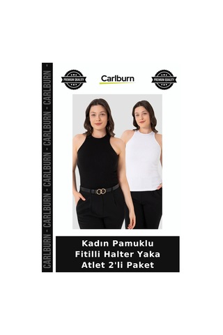 Carlburn Premium Kadın Pamuklu Fitilli Halter Yaka Atlet 2'li Paket Giyim Örme Gardırop Beyaz Siyah