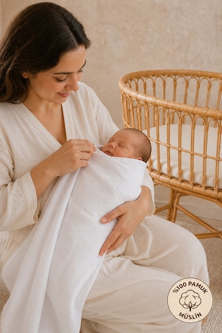 Çift Katlı %100 Organik Pamuk Bebek Yenidoğan Çok Amaçlı Müslin Örtü & Battaniye 80x90 Cm Oeko-tex Sertifikalı Kırık Beyaz