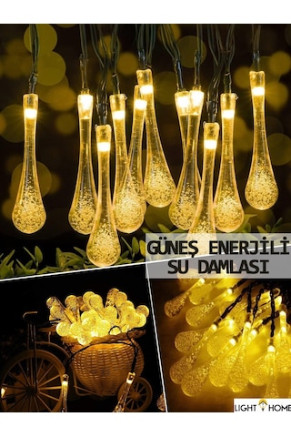 50 Led 7 Metre Sarı Su Damlası Kristal Solar Led Işık Güneş Enerjili Bahçe Teras Balkon Ağaç Lambası Aydınlatma