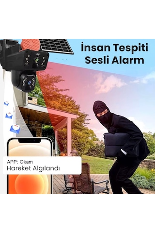 Solar Panelli, Güneş Enerjili, Sım Kartlı 4g, 6mp Çift Lensli Ptz