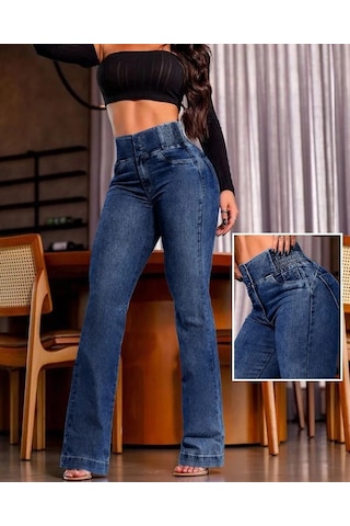 Valensdesign Kadın Yüksek Bel Yanları Lastik Önü Düğmeli Kot Pantolon Lacivert
