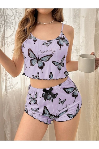 Melonika Mor Renk Kelebek Desenli Şortlu Ev Giyim Takımı,kadın Yazlık Askılı Pijama, Rahat Ve Şık Ev Giyim Çok Renkli