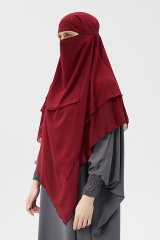 Altobeh Hazır Pratik Şifon Üç Katlı Peçeli Üçgen Hac Umre Şalı Sufle Hijab Nikap Bordo