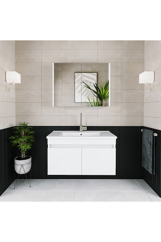 Banos Al3 Lavabolu Beyaz 85 Cm Aynalı Banyo Dolabı Takımı Beyaz