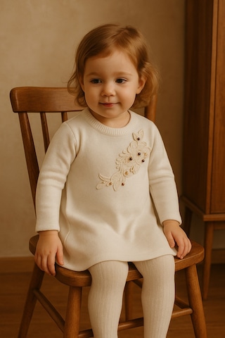 Babyhola Kız Çocuk Boncuklu Triko Elbise Bayramlık 6002 Ekru