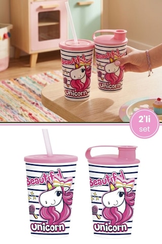 2'li Unicorn Çocuk Meşrubat Bardak Seti, Pipetli Kapaklı Su Süt Meyve Suyu Bardağı 330 Ml 2 Li Set Pembe