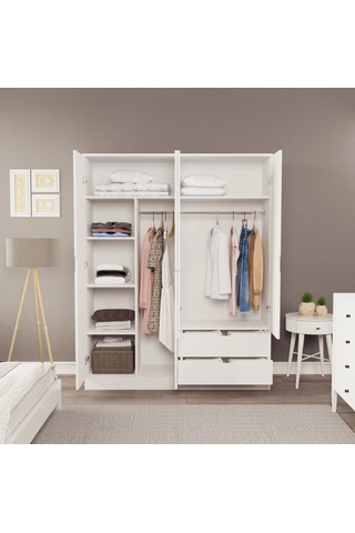 Moderno Xl 4 Kapaklı 2 Çekmeceli Gardırop Geniş Aileler İçin Şık Çözüm Beyaz