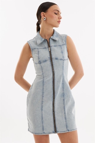 Fermuarlı Mini Denim Elbise Açık Mavi
