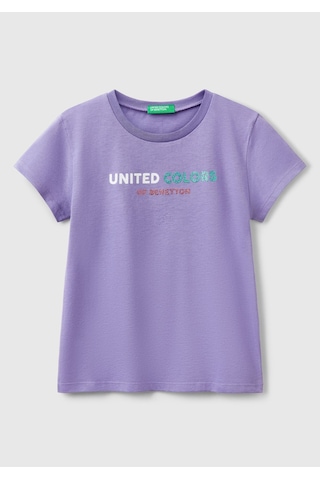 Kız Çocuk Mor Simli Logo Baskılı T-shirt Mor