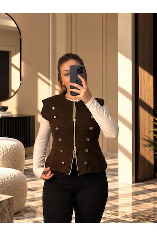 Elora Atelier Pankou Çin Düğme Detaylı Kahverengi Triko Yelek