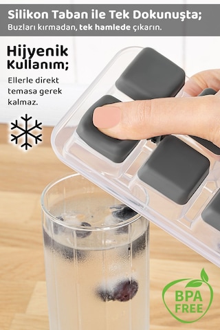 3 Adet Silikon Bas Çıkar Buzluk - 12 Hazneli Kapaklı Yapışmaz Silikon Kokteyl Sunum Buz Kalıbı Gri