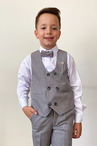 Erkek Çocuk Takım Elbise Papyonlu Yelekli Takım Elbise Gri