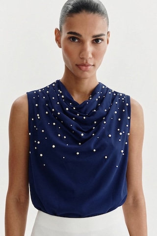 Sateen İnci Detaylı Bluz - Lacivert-137357