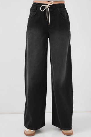 Gabria Bel Lastikli Bol Paça Jean Pantolon Siyah