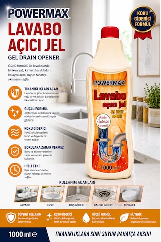 Powermax Lavabo Açıcı Jel 1000 Ml X3 Set Gider Açıcı Jel Mutfak Ve Banyo İçin