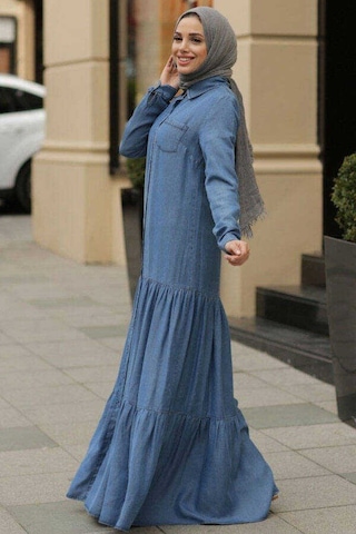 Neways 6564-Büzgülü Düğmeli Elbise Koyu Mavi