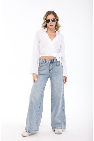 Blayn Jeans Blayn Kadın Beyaz Kruvaze Yaka Belden Bağlamalı Uzun Kollu Şık Bluz