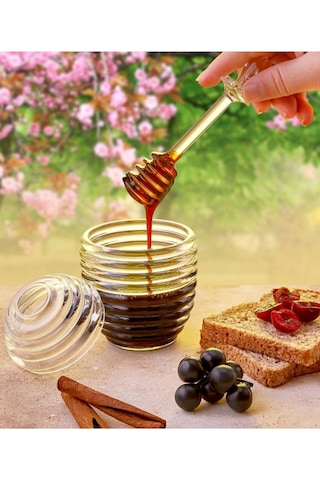 Rotanev Kovan Şekilli Kaşıklı 3 Parça Kristal Bal Kavanozu Mika Kavanoz Bal ve Reçel Kavanoz Kahvaltılık