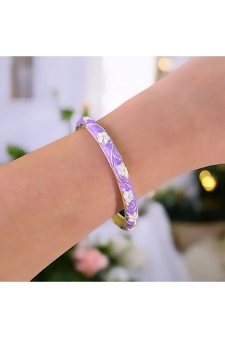 Beyaz Çiçek Mor Mineli Çelik Bilezik Gold