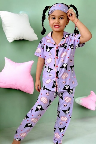 Kız Çocuk Kedi Desenli Lila Mor Renk Kısa Kollu Pijama Takımı Lila