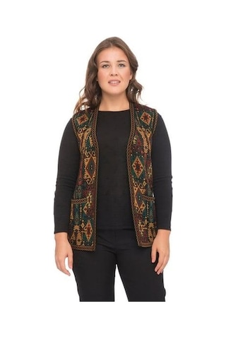 Kadın Etnik Desen Klasik Triko Örgü Kilim Yelek 1052-siyah Siyah