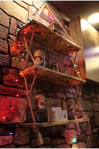 Brothers Craft Halatlı Ahşap Duvar Rafı 3 Katlı Rustik Dekoratif Raf, El Yapımı Jüt İpli Çam Raf Açık Ahşap Rengi