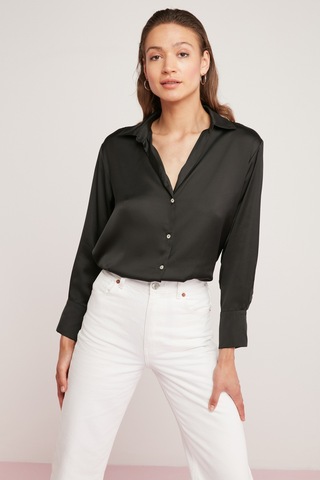 Ethıquet Yvonne Kadın Saten Kumaşlı Regular Fit Cepsiz Siyah Gömlek