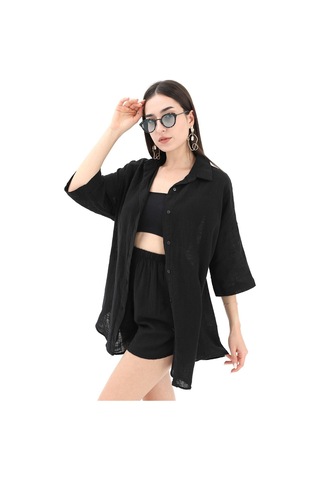 Pamuk Keten Şort Gömlek Kadın İkili Takım - Siyah-siyah Siyah