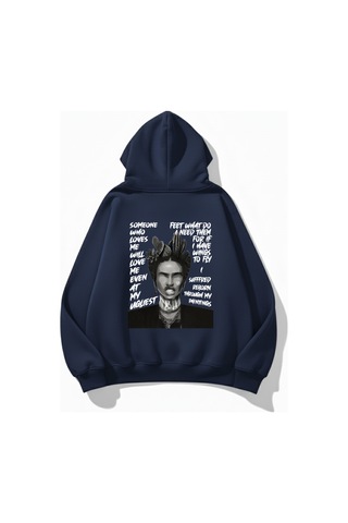 Uyguntarz Unisex Yumuşak Dokulu Frida Kahlo Viva La Vida Baskılı Tasarım Oversize 3 İplik Hoodie Sweatshirt Indigo