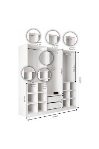 Aeka Ae-2191 Hisar Aynalı 6 Kapaklı Çok Bölmeli Askılı Ve Raflı Geniş Hacimli Gardırop 210x210 Cm Atlantik Çam - Antrasit