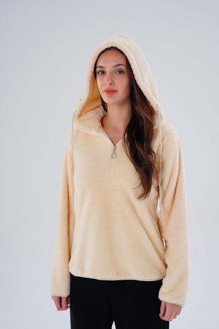Gülmina Moda Kadın Çift Taraflı Wellsoft Yarım Fermuarlı Kapişonlu Sweat - Krem