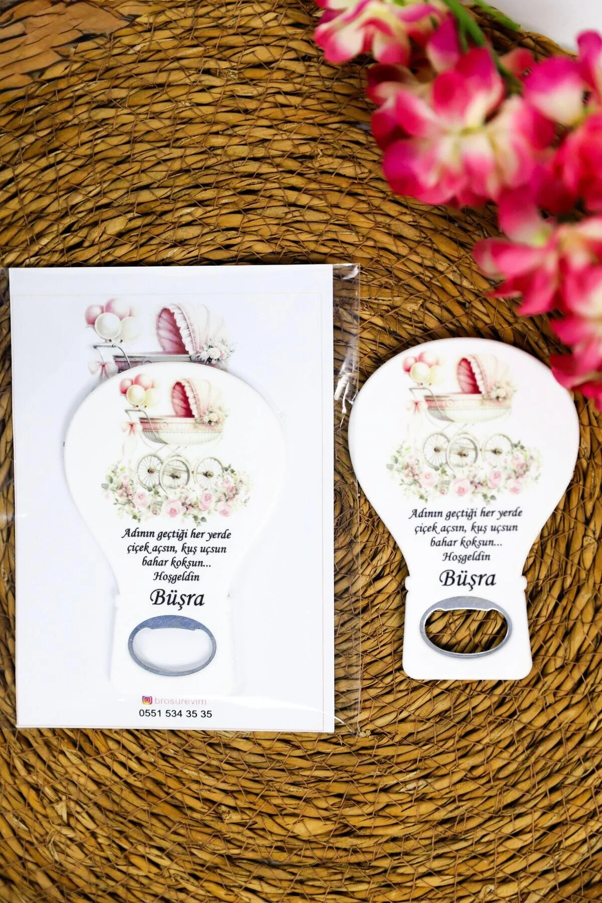 Bebek Arabası Temalı Yeni Doğan Kız Bebek Balon Açacak Magnet, Kız Bebek Hediyelik Magnetleri 50li Beyaz