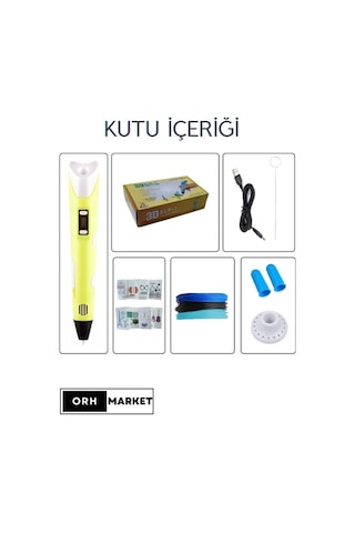 Sarı 3D Kalem 3D Pen Yazıcı Kalem – 3 Adet 3 Metrelik PLA Filament (Toplam 9M) + USB Kablo