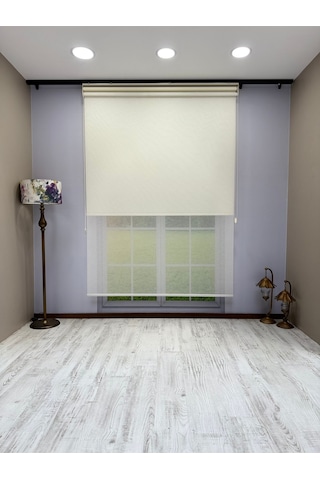 Çift Mekanizmalı Ekru Keten Tül Ve Ekru Mat Stor Perde Ekru