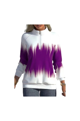 Sonbahar Ve Kış Kadın Ceket Kademeli Değişim Baskılı Yaka Fermuar Uzun Kollu Kış Tarzı Yarım Yüksek Yaka Hırka Ceket Kaban Mor